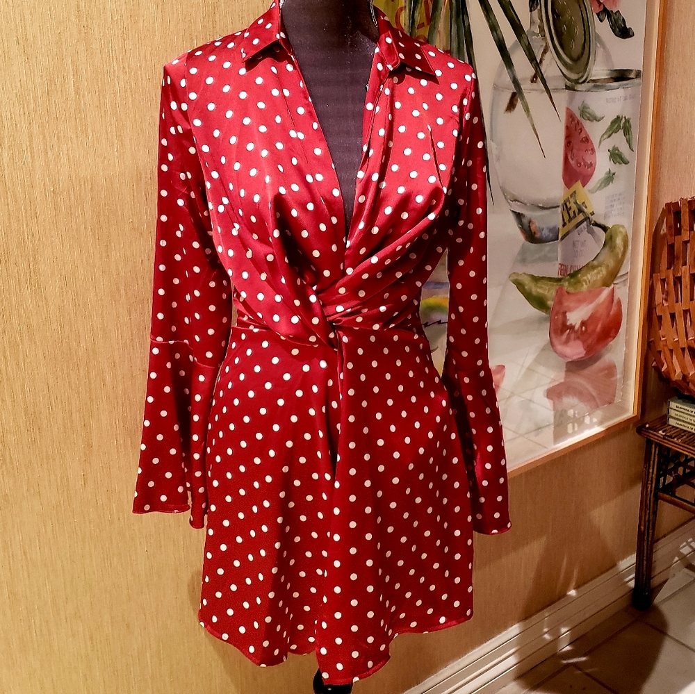 Missguided Red Polka Dot Bell Sleeve Dress - 2